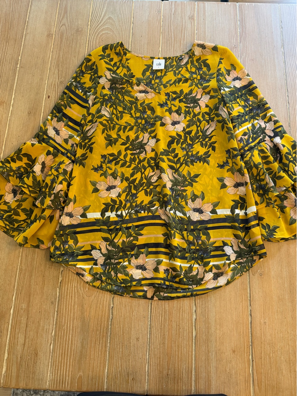 CAbi Mustard Yellow Floral Top with Olive Leaves